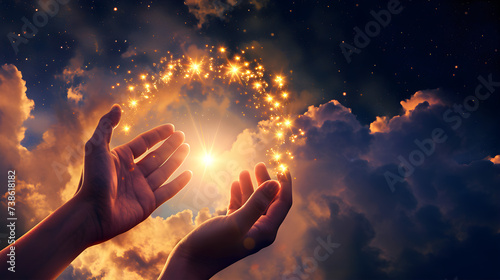 hands holding the sun at dawn, hands like holding round stars and the sun