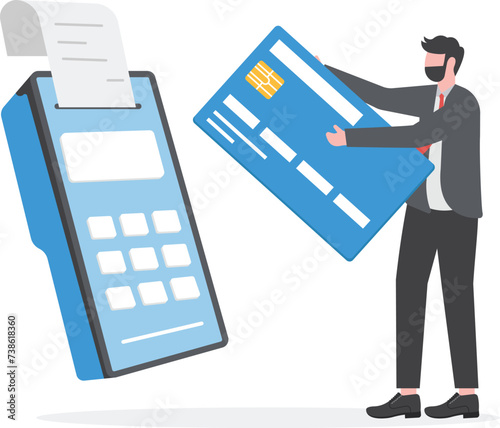 Person Paying bill with Credit Card at POS terminal and get cash back and Rewards
