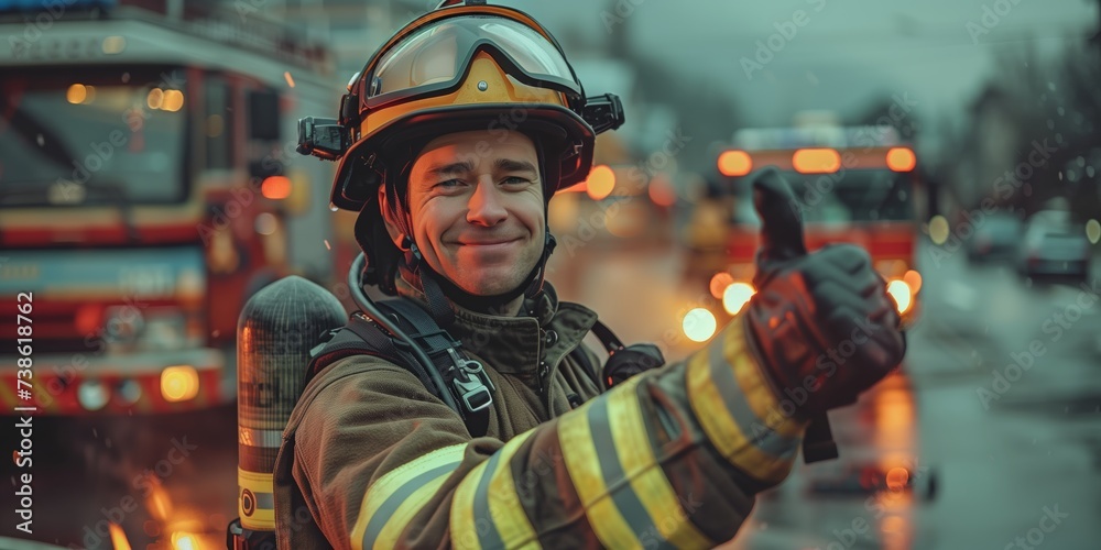 Fireman's Thumbs-Up Amidst Emergency Response Fireman's Thumbs-Up Amidst Emergency Response