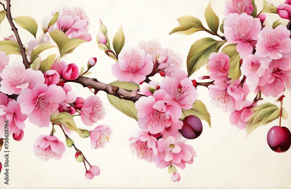 Background with flowering branches of plums, cherries from Generative AI