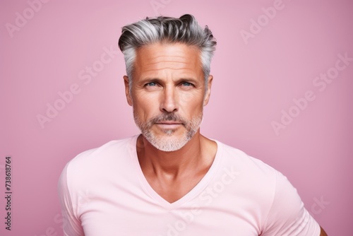 Portrait of handsome senior man with grey hair and beard on pink background.