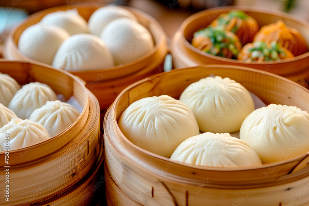 Bamboo steamers with tasty baozi steamed buns Bamboo steamers with tasty baozi steamed buns