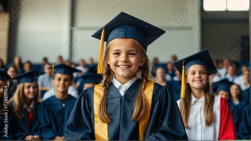 Happy smiling kid girl on graduation outfit on a stage in the school from Generative AI