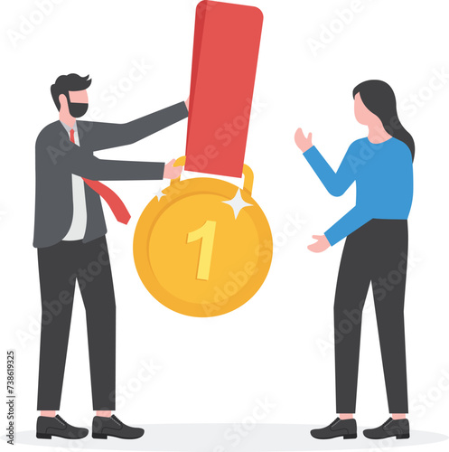 Employee award recognition, success achievement reward or top star performer of the month, best sales champion or certificate concept, businessman boss giving golden star badge to winning employee.

