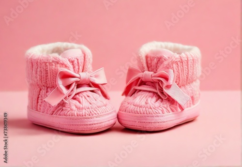 Pink baby booties on a pink background from Generative AI