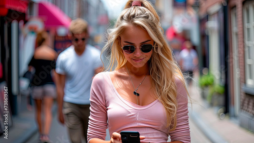 a beautiful girl walks along the street, looking at a smartphone