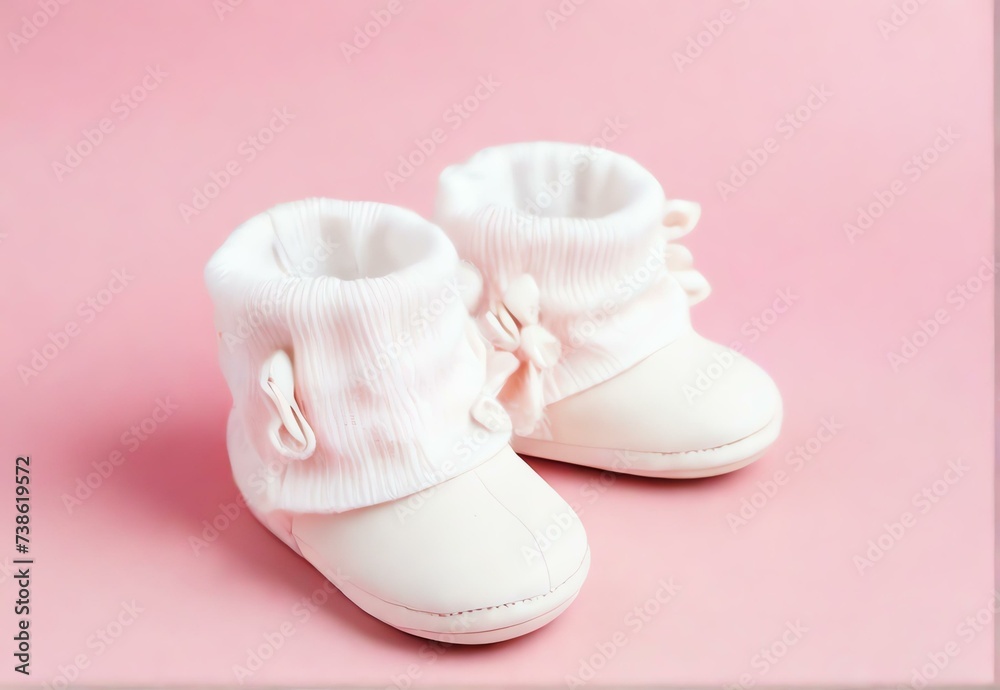 White baby booties on a pink background from Generative AI White baby booties on a pink background from Generative AI