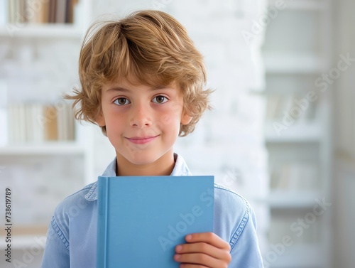 Portrait of a male student with light brown hair and brown eyes looking at the camera with his hands holding an isolated blue-colored book inside a blurred minimalist room. Created with Generative AI.