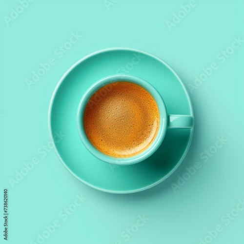 Cup of coffee on blue background. Copy space for text, top view