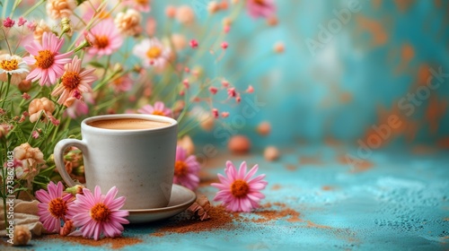 Cup of coffee and flowers on pastel background. Copy space for text, side view