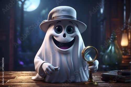 A friendly ghost wearing a detective hat and magnifying glass