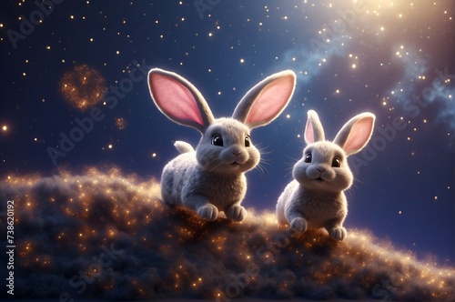 A pair of fluffy, winged bunnies flying through a starry night sky © Meeza