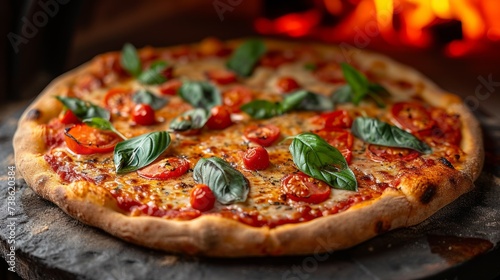 Hot pizza, perfectly baked in a stone oven, conveys the rustic charm and authentic appeal of this traditional cooking method. Highlights the golden, slightly charred crust and the delicious filling.