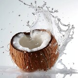 Water jet sprays coconut on white background, Generative AI 