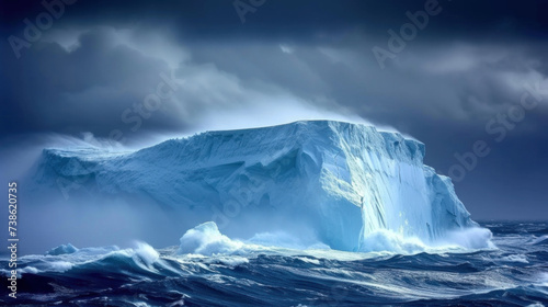 Iceberg in cold sea  dramatic lighting