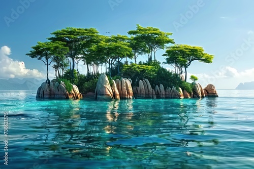 Island with rocky outcrops and trees in middle of sea capturing essence of travel and nature scenic seascape presenting tranquil vacation ideal for summer holidays with beaches clear blue waters