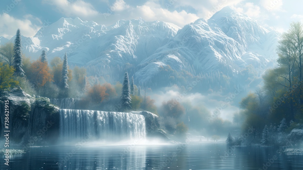 Fototapeta premium A majestic waterfall cascades down the side of a fog-covered mountain, surrounded by lush trees and reflecting in a tranquil lake below, as the misty clouds float above in the crisp outdoor air