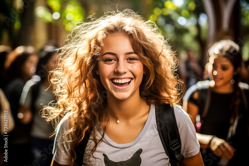 Close up portrait of a beautiful happy female student, with curly hair flying in the wind