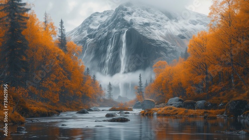 Amidst a wintry forest, a majestic larch tree stands tall beside a rushing waterfall, its snow-covered branches framing the serene landscape of nature in autumn