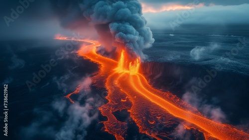 A fiery volcano unleashes its power, sending a molten river cascading into the ocean as billowing clouds of smoke and ash fill the sky
