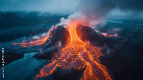 Nature's fury unleashed as a shield volcano erupts, sending fiery lava and billowing smoke into the sky, creating a stunning yet terrifying landscape