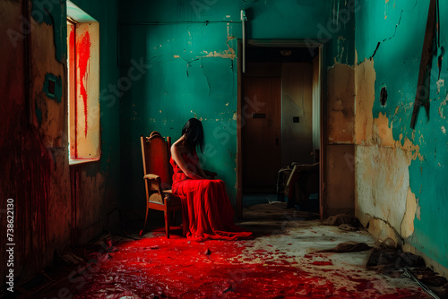 Femme en robe rouge prisonnière dans une pièce sombre © Concept Photo Studio