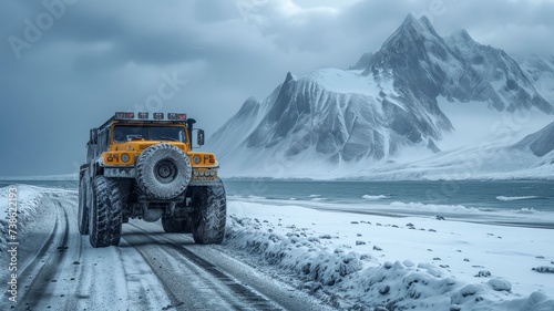 A vibrant yellow snowplow braves the frozen mountain roads, its tires churning through the snow as it makes its way through the wintry landscape under a cloudy sky