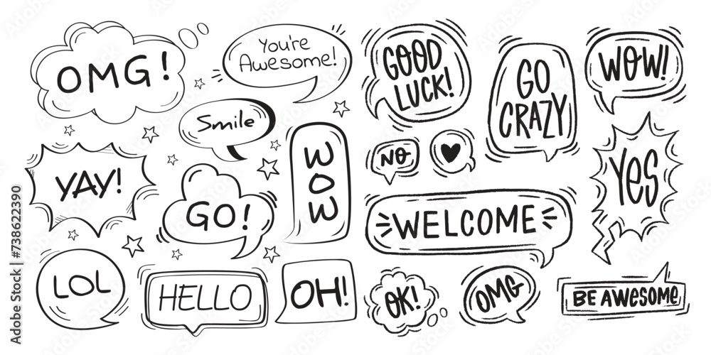 Set of hand drawn speech bubbles. Isolated simple vector illustration.