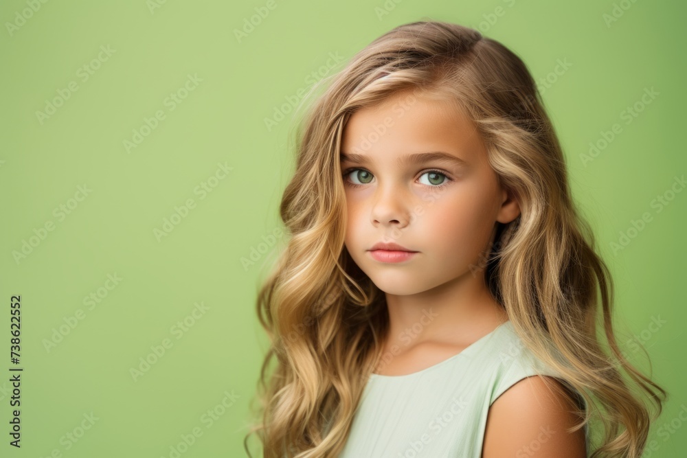 portrait of beautiful little girl with long blond hair over green background portrait of beautiful little girl with long blond hair over green background