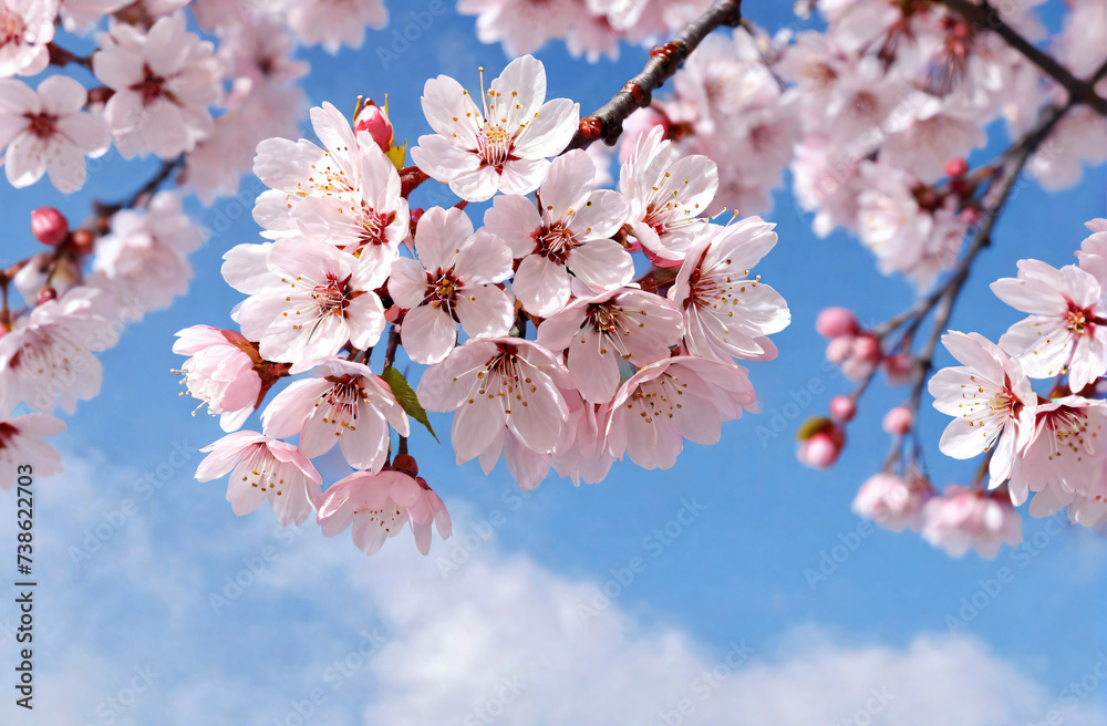 A delicate bunch of cherry blossoms with petals symbolizes the arrival of spring. tender blue sky