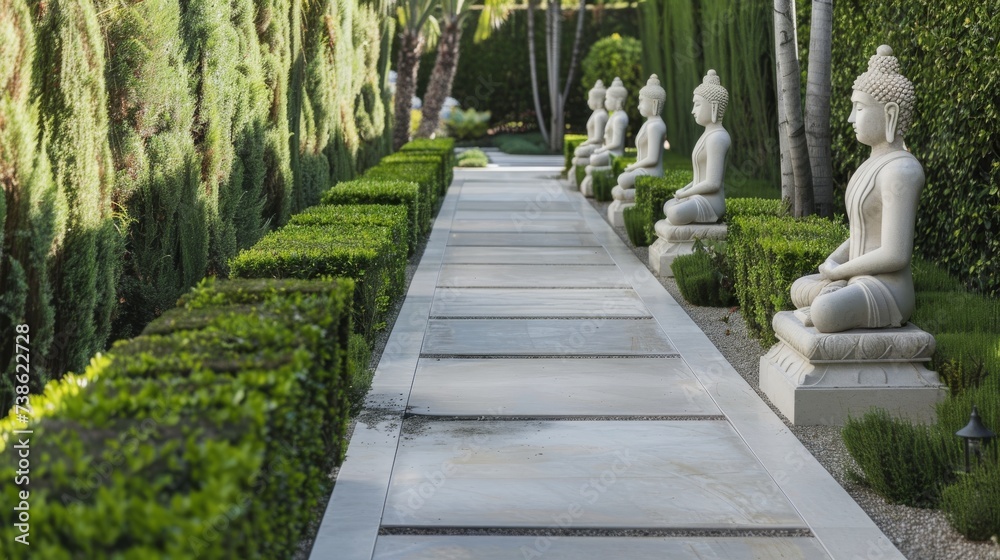 Serene Zen Garden with White Stone Statues AI Generated.