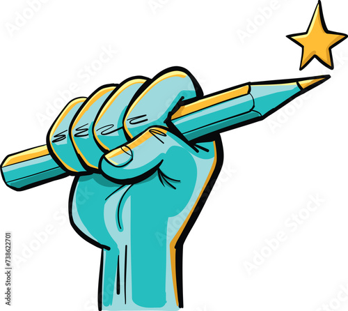 fist firmly holding a pen with a star on top