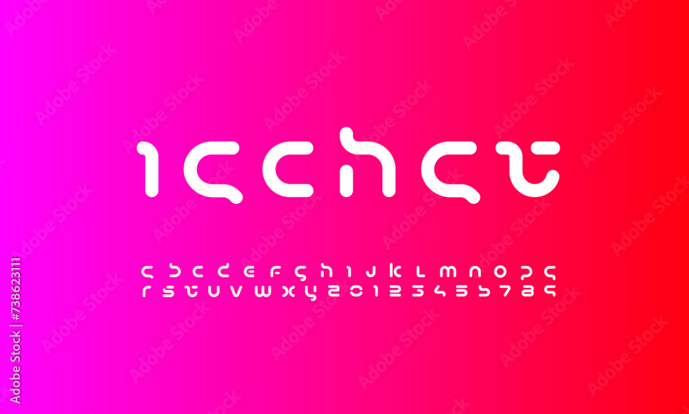 Technology rounded font, digital cyber alphabet made futurism style, letters A-Z and numerals 0-9, vector illustration 10EPS