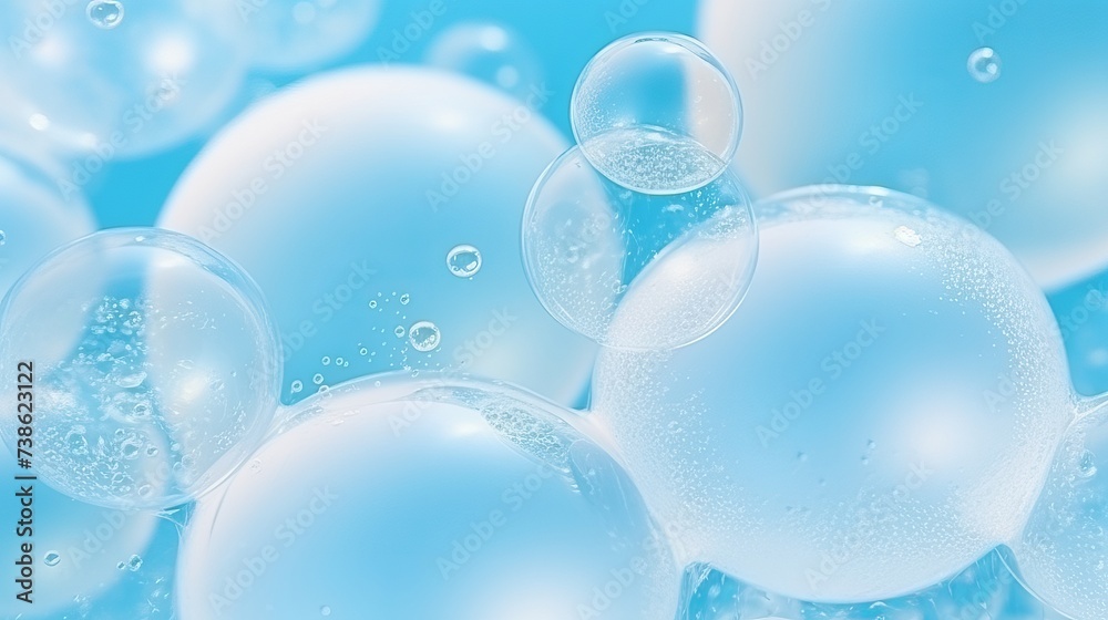 White soap bubbles foam on blue background. Suds shower texture macro view photo, shallow depth of field. Copy space