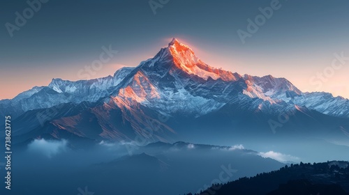 Majestic mountain range with sunrise, clear skies, nature landscape © arhendrix