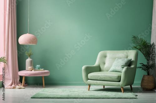 Pastel green modern armchair, Background is pastel green empty wall, Minimalist interior design.