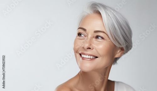 Old woman with smooth  healthy skin. A beautiful  ageing  mature woman with grey hair and happy smiling