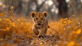 A young lion cub strides through a field of golden flowers at sunset, a moment capturing the wild's youthful exploration. Ideal for children's books or wildlife awareness campaigns