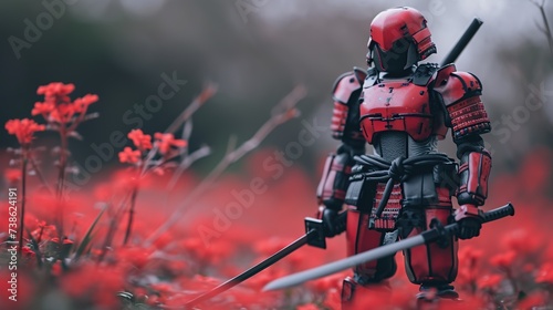A samurai warrior in full red armor stands poised with a katana amidst a blur of red flowers, conveying themes of tradition, combat, and serenity with no text area.