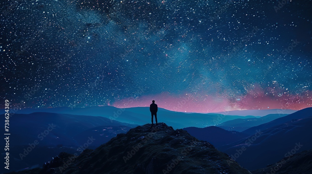 A lone figure stands under a breathtaking cosmic sky, evoking themes of introspection and the vastness of the universe, ideal for philosophical or inspirational content,