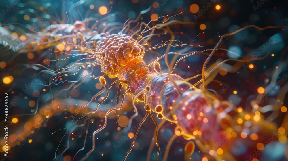 Artistic visualization of neural synapse transmission with glowing nodes and connections, representing neural activity and communication. Artistic visualization of neural synapse transmission with glowing nodes and connections, representing neural activity and communication.