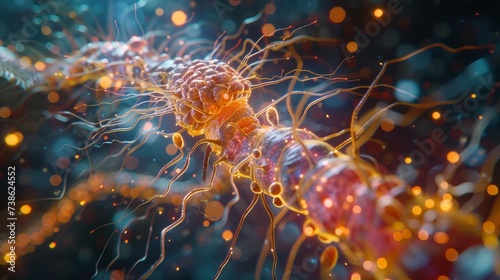 Artistic visualization of neural synapse transmission with glowing nodes and connections, representing neural activity and communication. photo