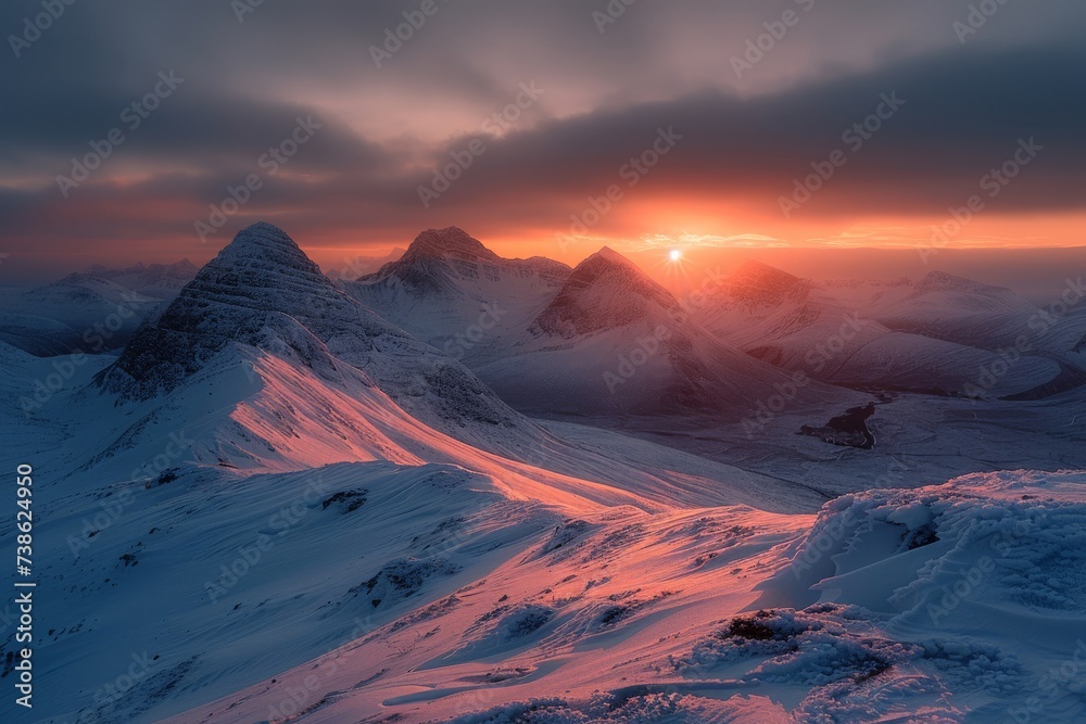 Mountain range at sunset, low angle, winter, golden hour lighting, peaceful