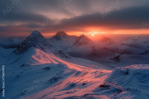 Mountain range at sunset, low angle, winter, golden hour lighting, peaceful