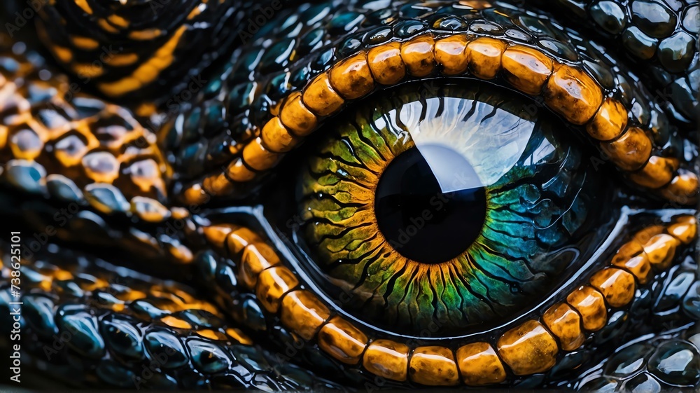 Close up of black dragon eye, detailed intricate texture and vibrant colors from Generative AI