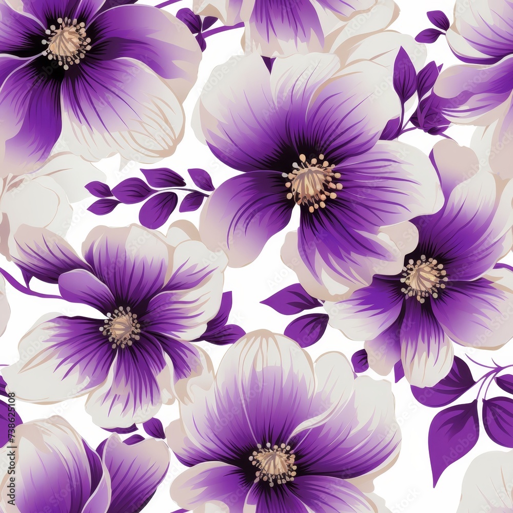 Close-up of beautiful purple flower petals and leaves on a clean white background with copy space