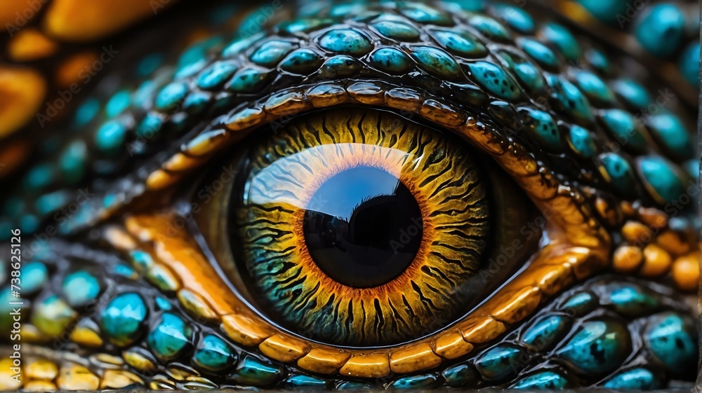 Close up of dragon eye, detailed intricate texture and vibrant colors from Generative AI