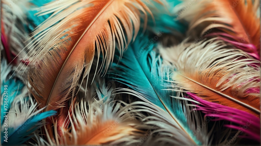 Soft colorful feathers close up texture with sunlight gentle background from Generative AI