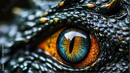 Close up of black dragon eye, detailed intricate texture and vibrant colors from Generative AI