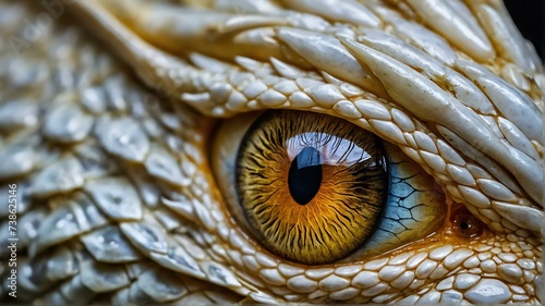 Close up of white dragon eye, detailed intricate texture and vibrant colors from Generative AI